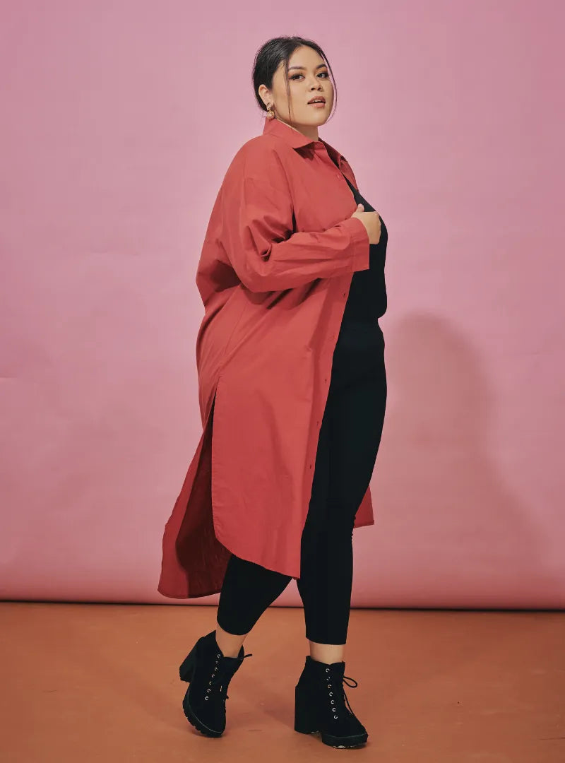 A woman dressed in Amber Longline Oversized Cotton Shirt Dress