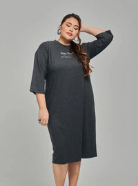 A woman dressed in Ash Grey Smooth Cotton T-Shirt Dress