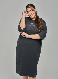 A woman dressed in Ash Grey Smooth Cotton T-Shirt Dress