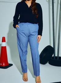 A woman wearing in Denim Blue Audrey Skinny Slacks