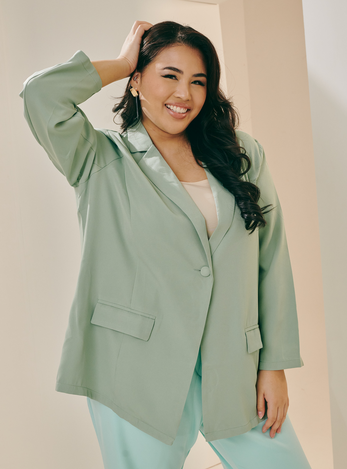 Lapel Collar Oversized Blazer - Celery Green