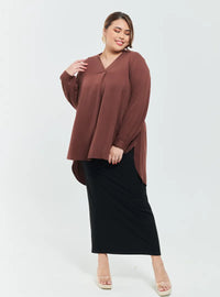 A woman dressed in Brown Mandarin Collar Oversized Shirt