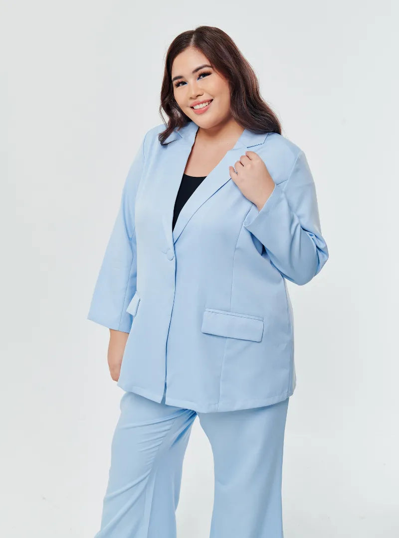 A woman wearing Baby Blue Lapel Collar Oversized Blazer