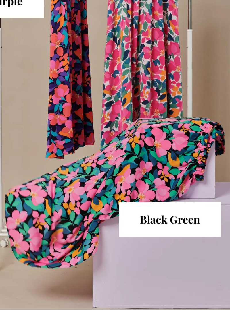 A woman wearing in Black Green Summer Printed Chiffon