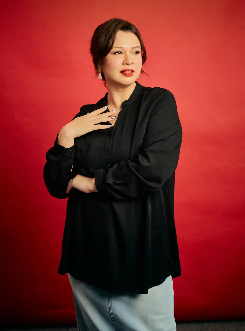 A woman dressed in Black Jolin Mandarin Collar Shirt