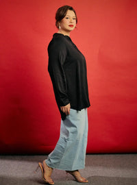 A woman dressed in Black Jolin Mandarin Collar Shirt