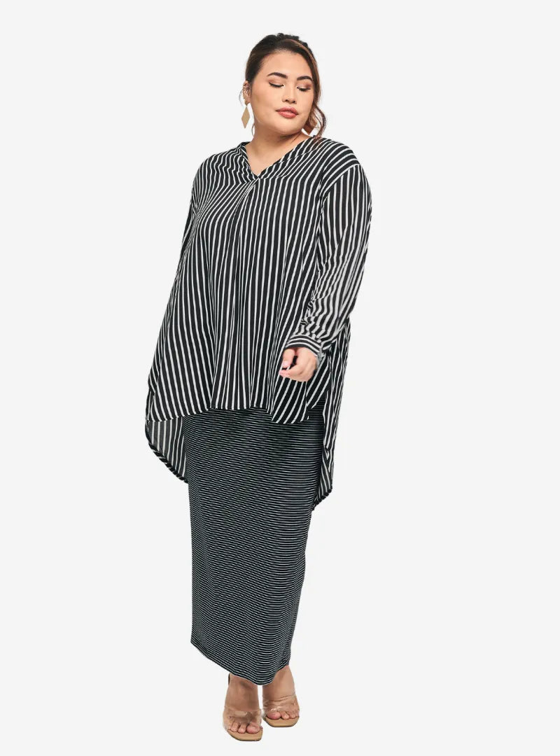 A woman dressed in Black Striped Mandarin Collar Oversized Shirt