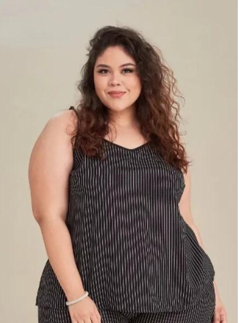 A woman dressed in Black Striped Spaghetti Tank Top