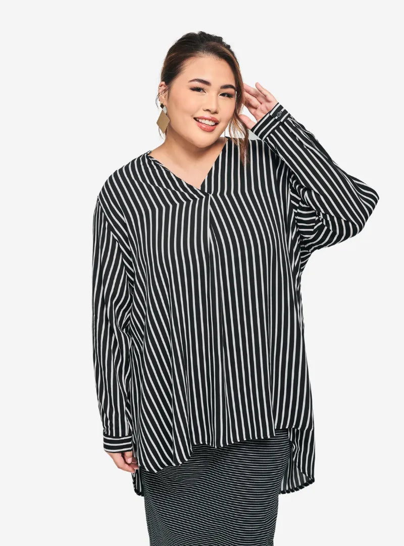 A woman dressed in Black Striped Mandarin Collar Oversized Shirt