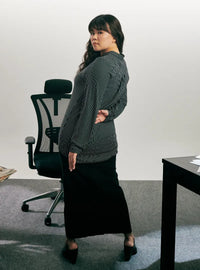 A woman dressed in Black and White Mandarin Collar Striped Polo Shirt