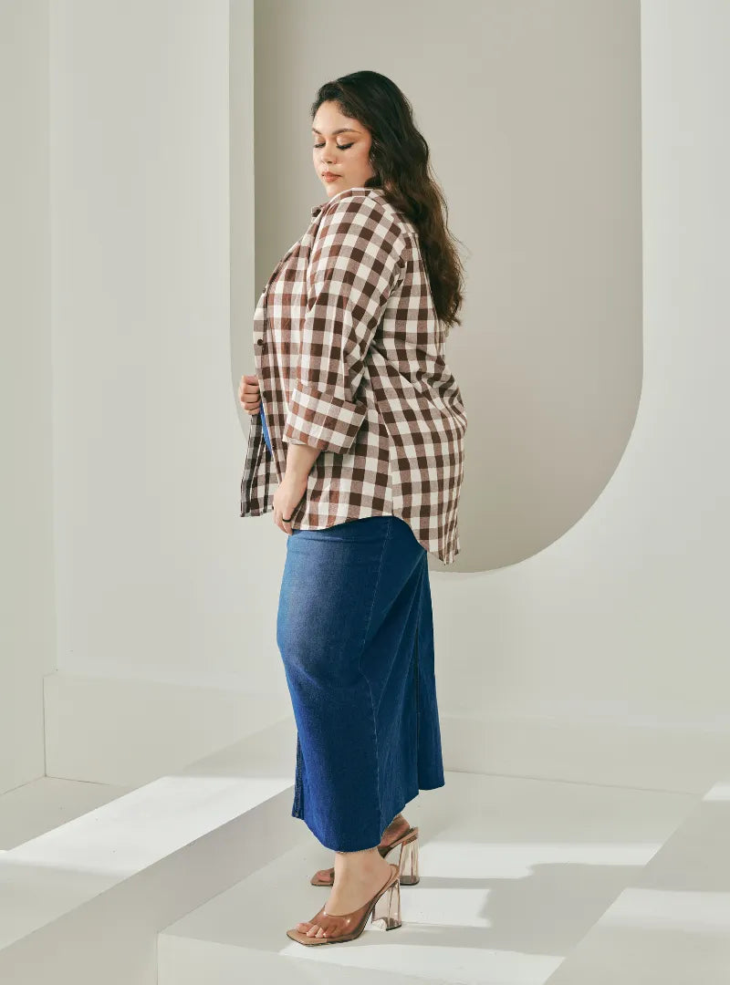 A woman dressed in Brown Jennie Oversized Checked Cotton Shirts