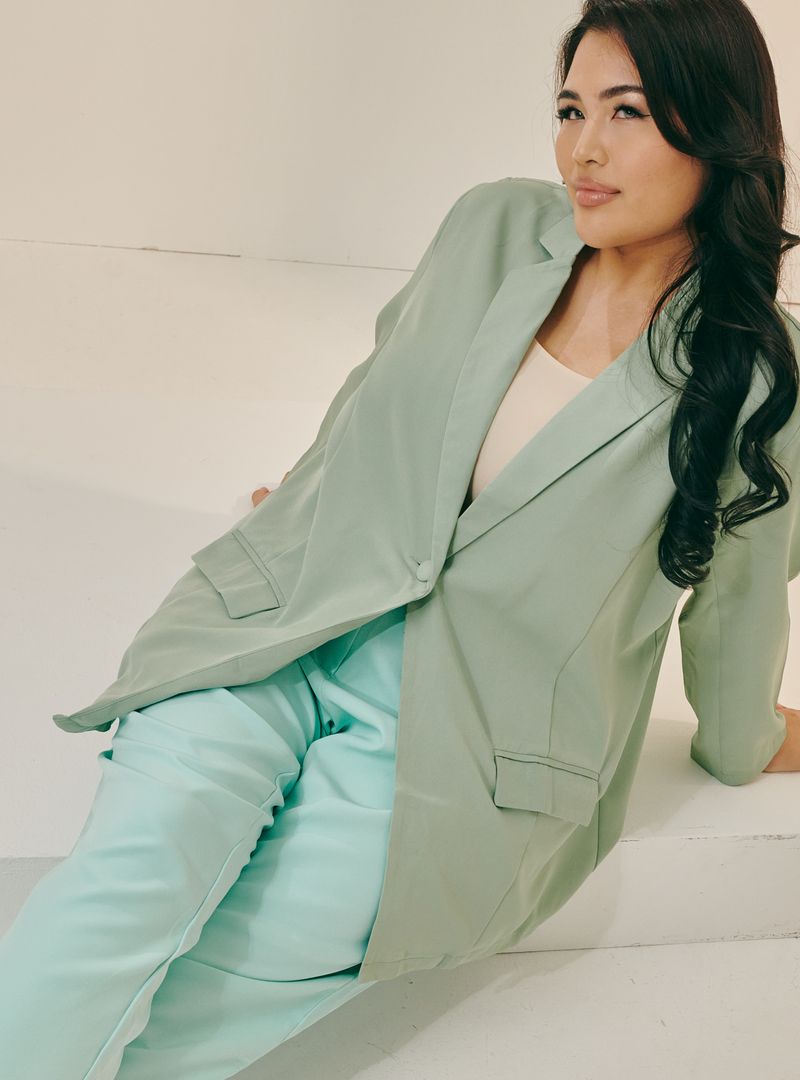 Lapel Collar Oversized Blazer - Celery Green