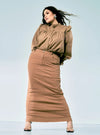 A woman wearing in Copper Zalia Denim Long Skirt