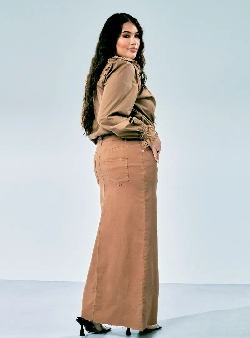 A woman wearing in Copper Zalia Denim Long Skirt