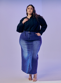 A woman wearing in Dark Blue Tasha Denim Long Skirt