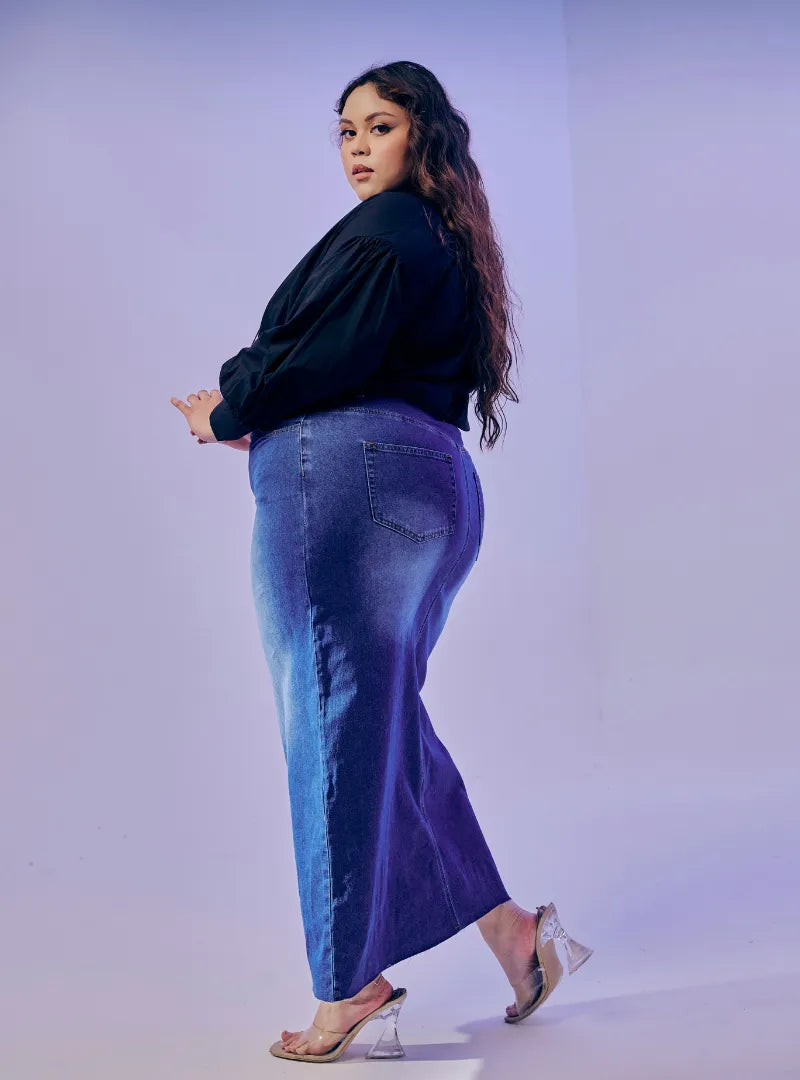 A woman wearing in Dark Blue Tasha Denim Long Skirt