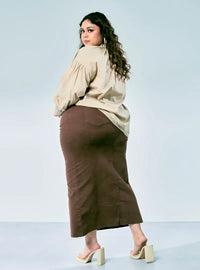 A woman wearing in Espresso Zalia Denim Long Skirt