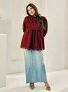 A woman dressed in Scarlet Red Ezzah Eyelet Doll Top