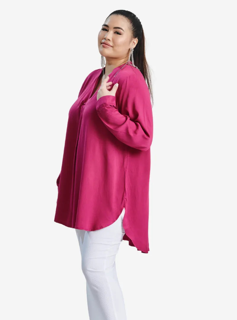 A woman dressed in Fuschia Mandarin Collar Oversized Shirt