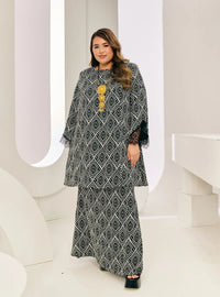 A woman dressed in Geometric Black Tun Rokiah Printed Kurung Pahang