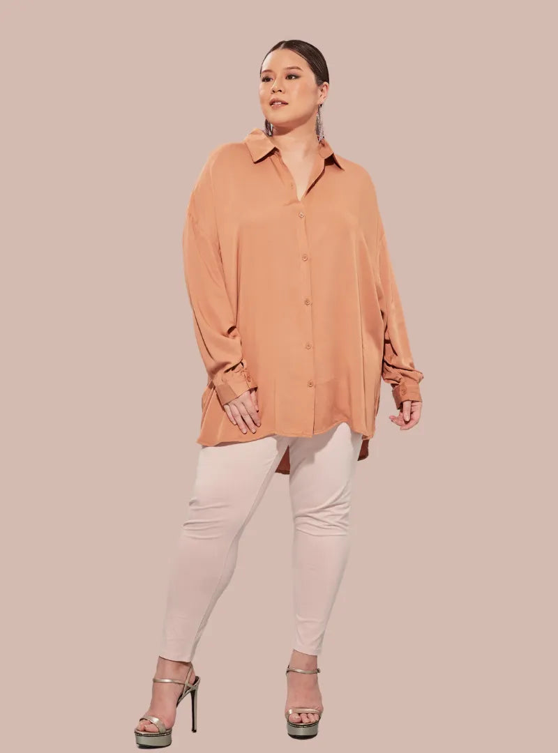 A woman dressed in Ginger Dropped Shoulder Basic Shirt