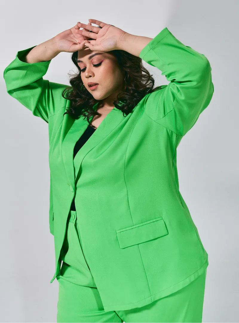 A woman wearing Green Lapel Collar Oversized Blazer