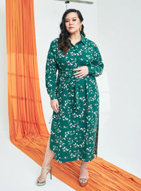 A woman dressed in Green Willow Longline Printed Shirt Dress