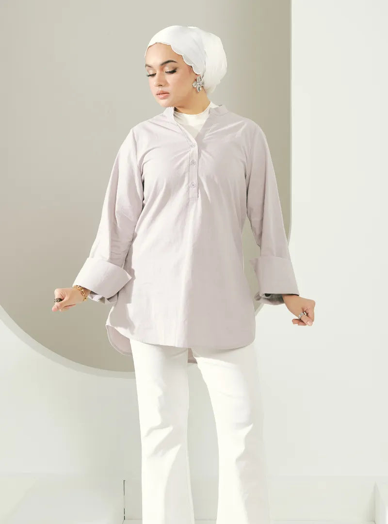 A woman dressed in Grey Jasper Mandarin Collar Basic Shirt