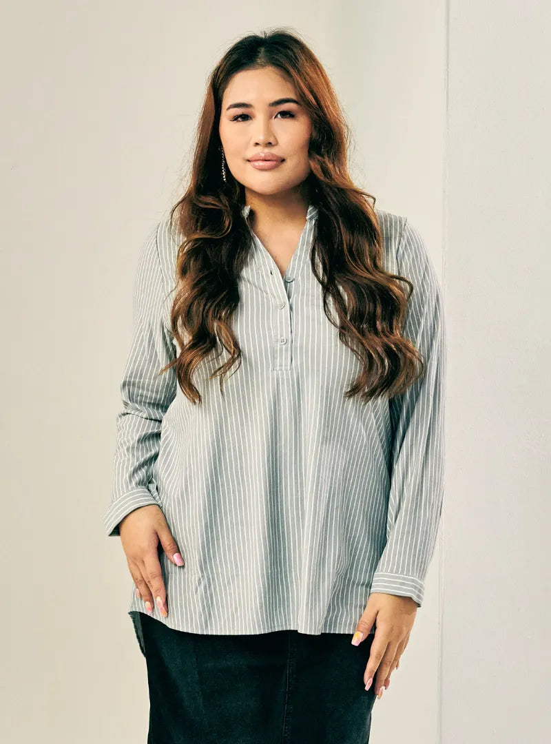 A woman dressed in Grey Miyo Mandarin Collar Striped Polo Shirt