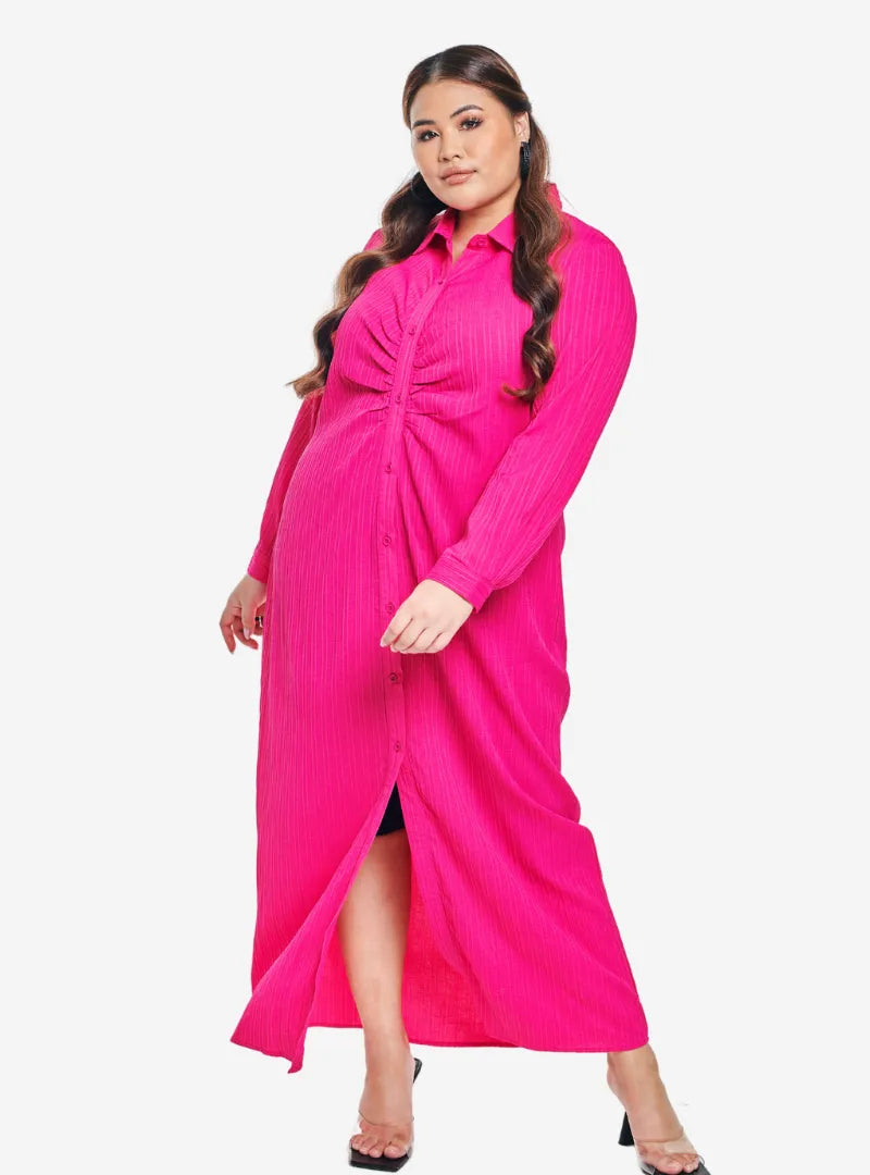 A woman dressed in Hot Pink Textured Blend Longline Ruched Shirt Dress