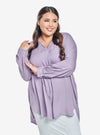 A woman dressed in Lavender Mandarin Collar Oversized Shirt