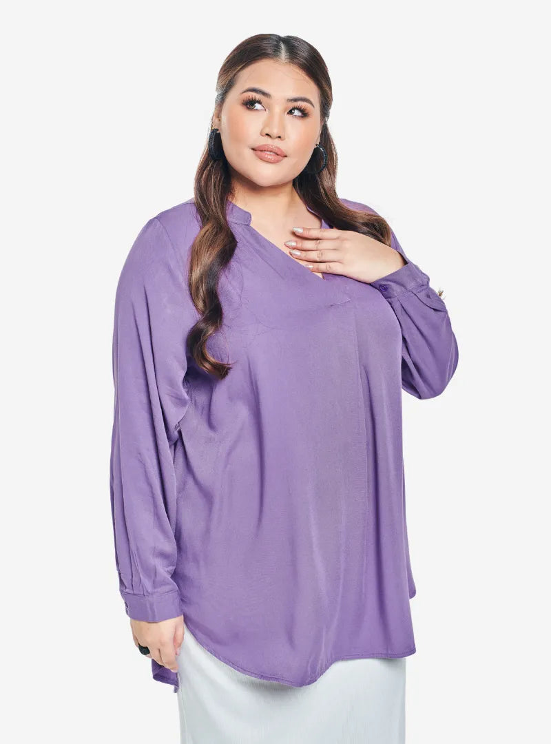 A woman dressed in Lilac Mandarin Collar Oversized Shirt