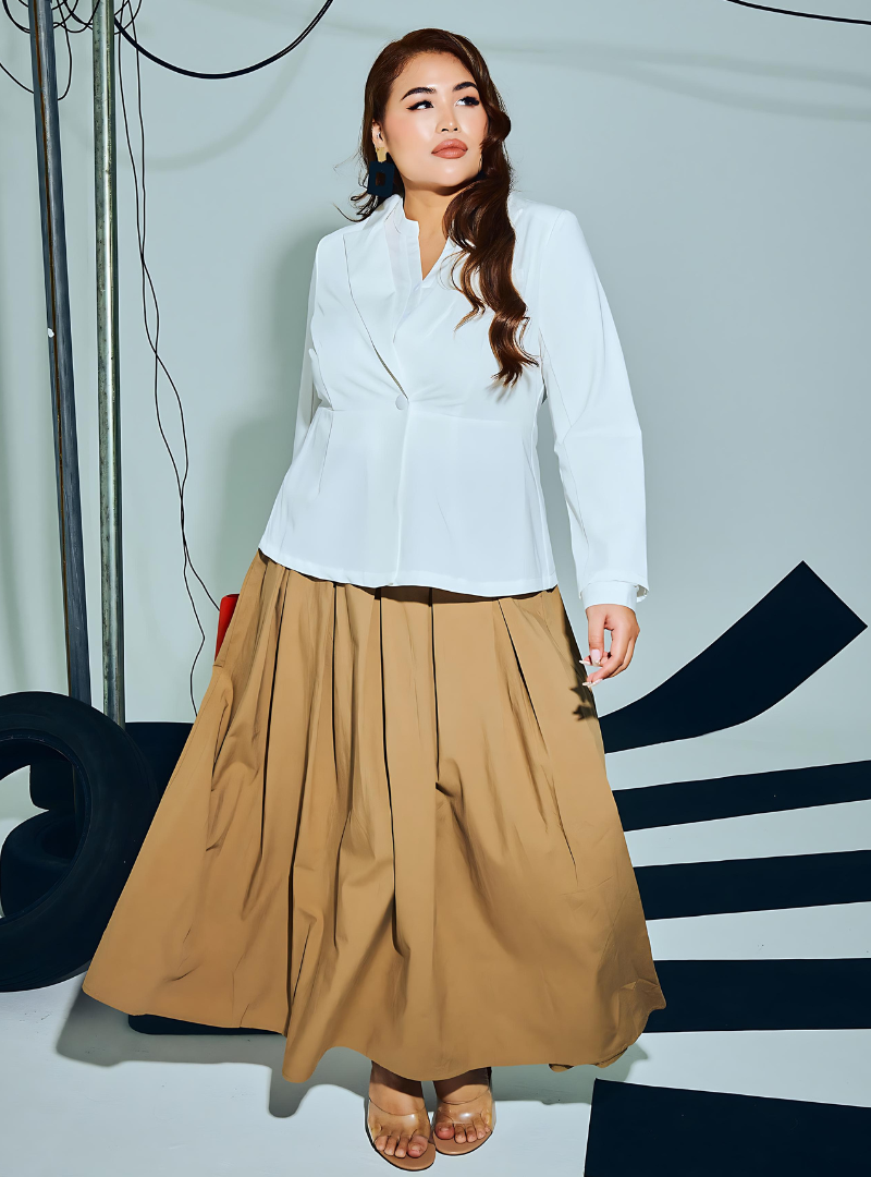 A woman wearing Latte Harper Poplin Skirt