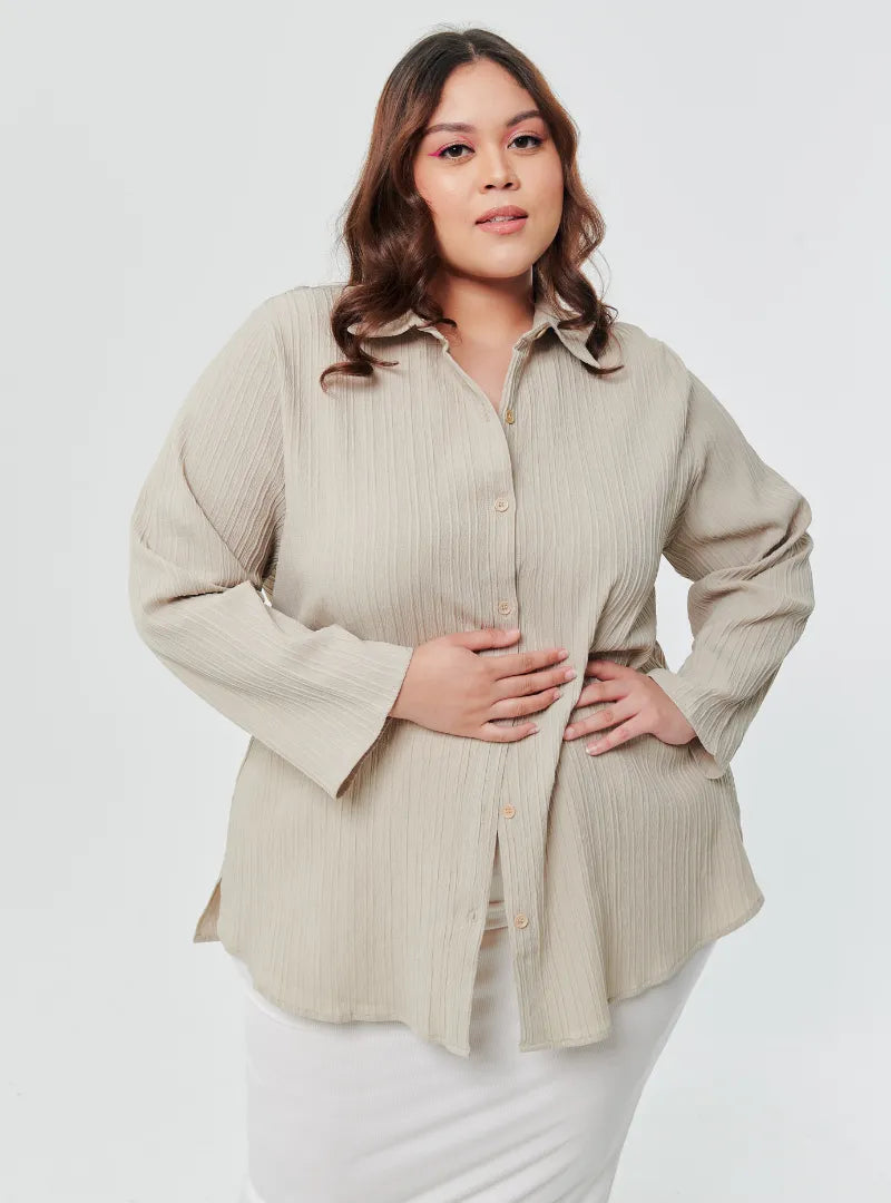 A woman dressed in Latte Textured Shirt