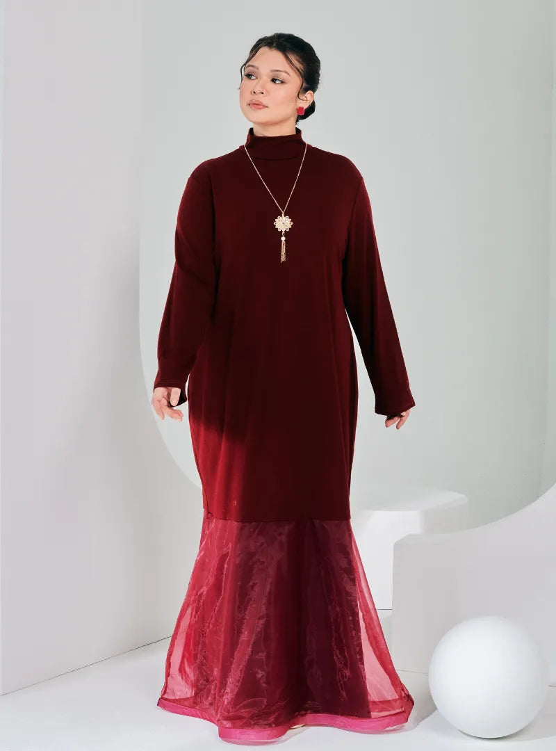 A woman dressed in Maroon Ms Lana High Neck Organdy Dress