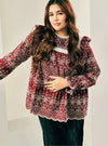 A woman dressed in Maroon Miza Cotton Broderies Eyelet Top