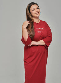 A woman dressed in Maroon Smooth Cotton T-Shirt Dress