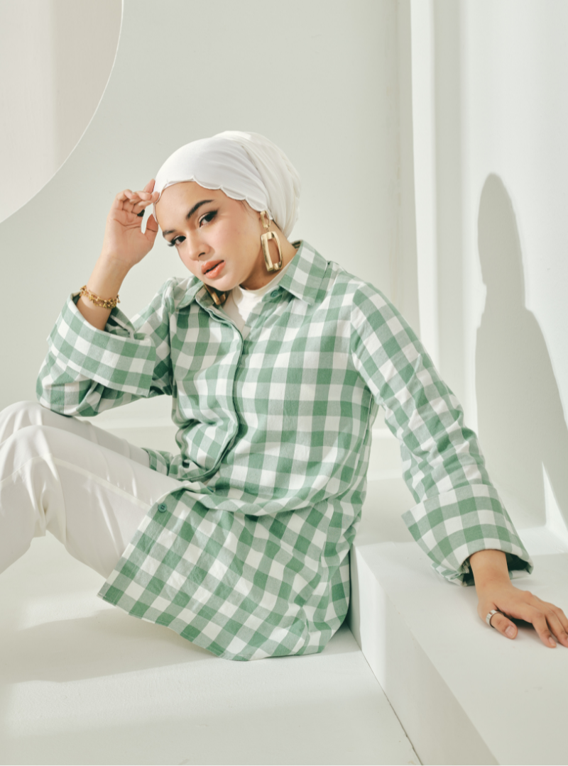 A woman dressed in Mint Green Jennie Oversized Checked Cotton Shirts