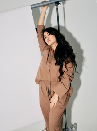 A woman dressed in Mocha Oversized Cotton Set