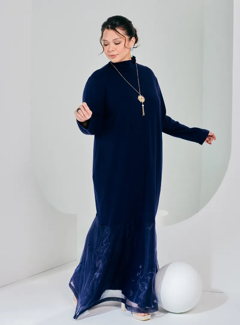 A woman dressed in Navy Ms Lana High Neck Organdy Dress