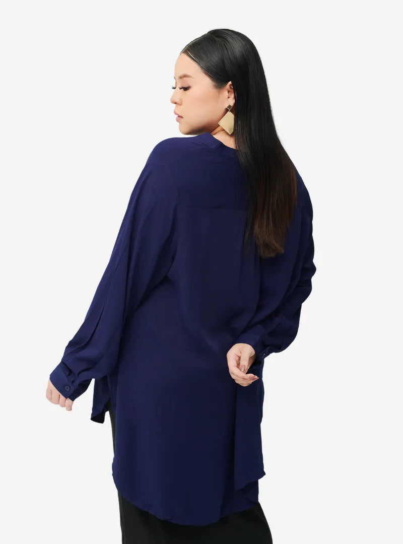 A woman dressed in Navy Mandarin Collar Oversized Shirt