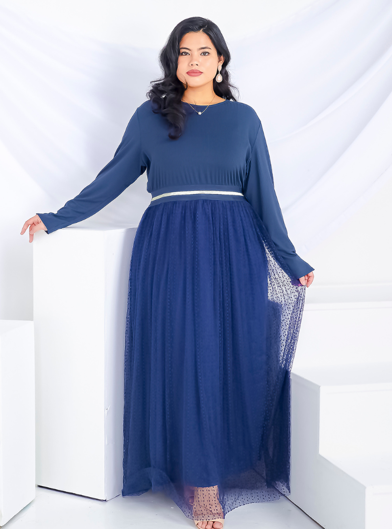 A woman dressed in Navy Ms Sasha Tulle Maxi Dress