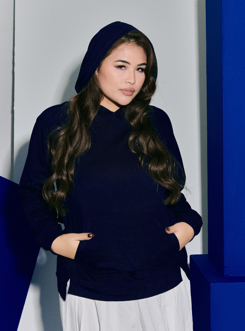 A woman wearing Navy Jackson Embroidered Hoodie