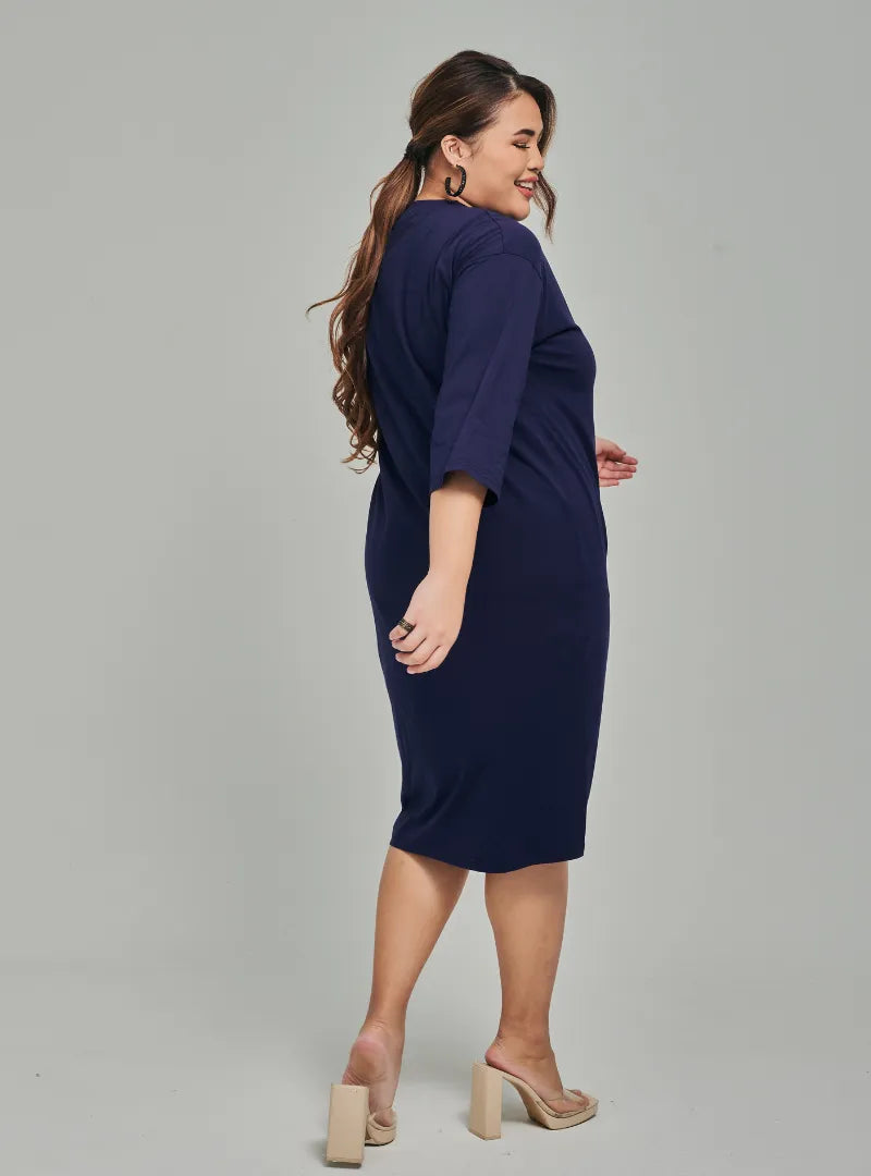A woman dressed in Navy Smooth Cotton T-Shirt Dress