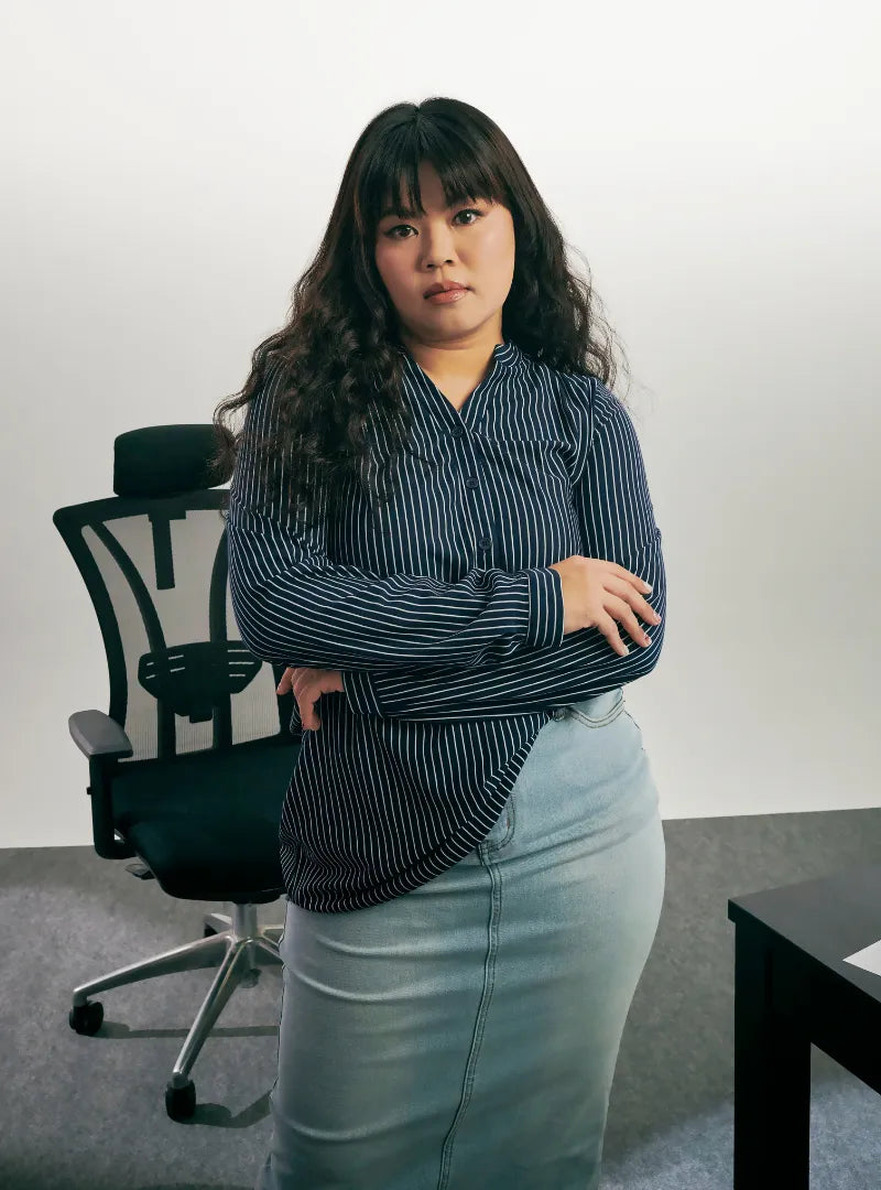 A woman dressed in Navy Striped Miyo Mandarin Collar Striped Polo Shirt