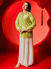 A woman dressed in Olive Tea Wong Gu Embroidered Cheongsam Top