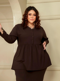 A woman dressed in Dark Brown Peplum Button Front Knit Top