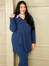 A woman dressed in Mid Blue Peplum Button Front Knit Top