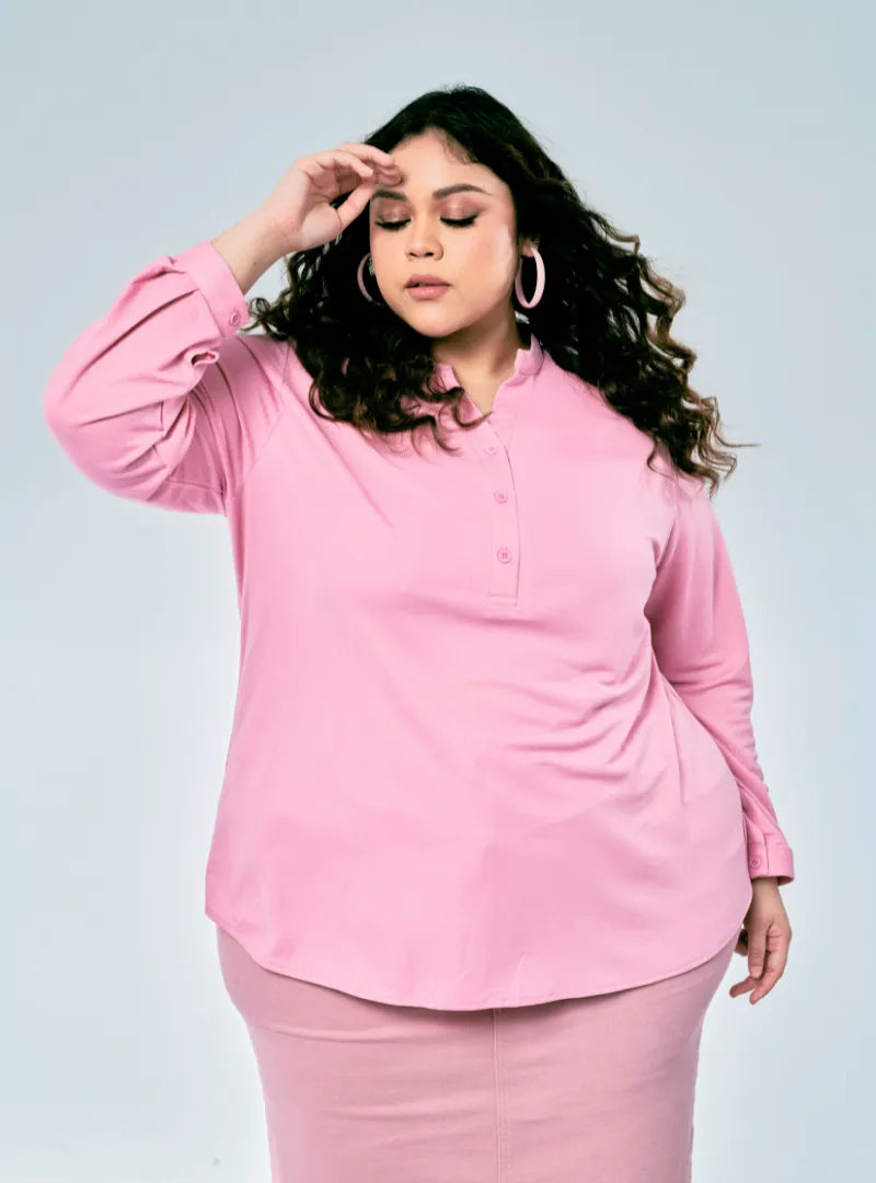 A woman dressed in Pink Doll Naddy Mandarin Collar Slim Fit Polo Shirt