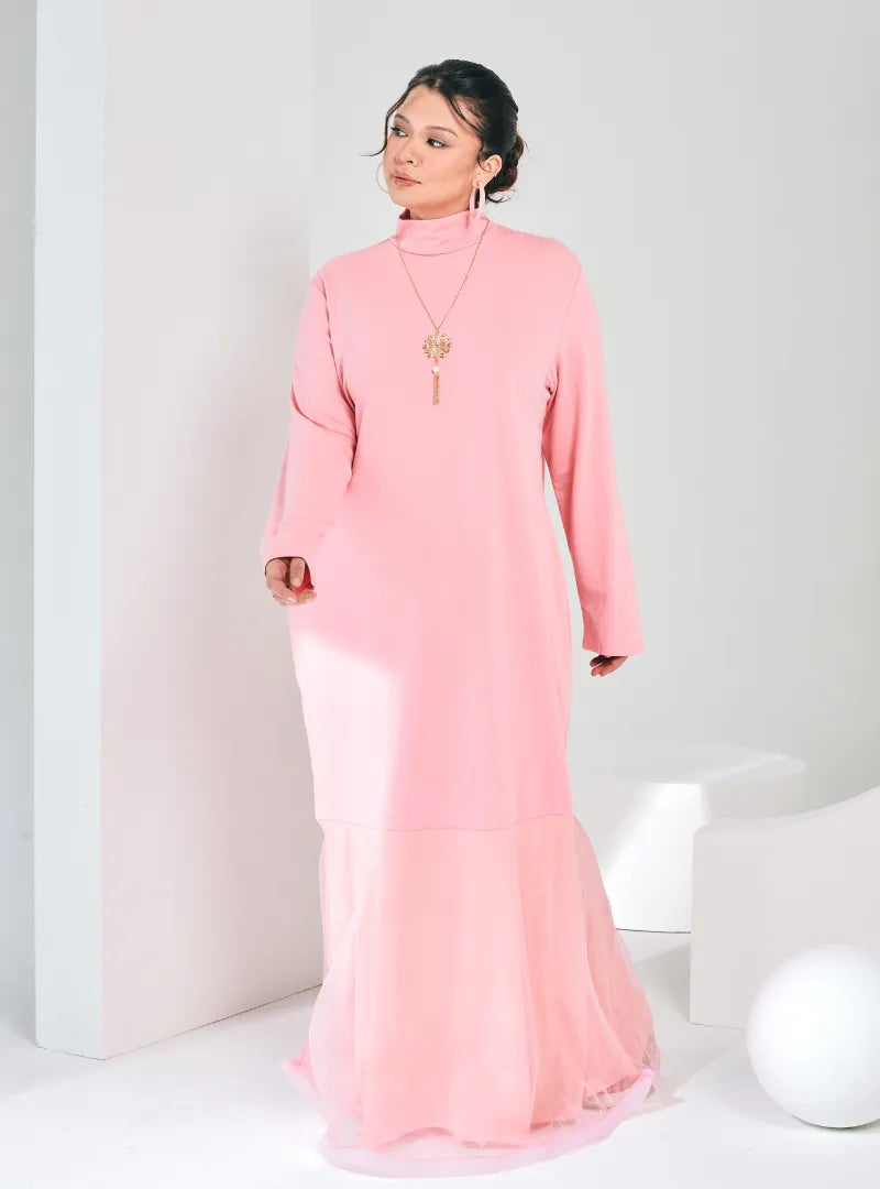 A woman dressed in Pink Ms Lana High Neck Organdy Dress